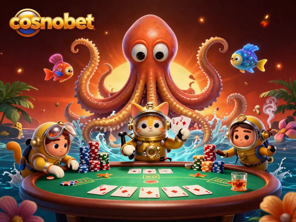 Experience top gaming adventures at cosmobet with a vibrant scene of a kraken, diving cat, and poker chips.
