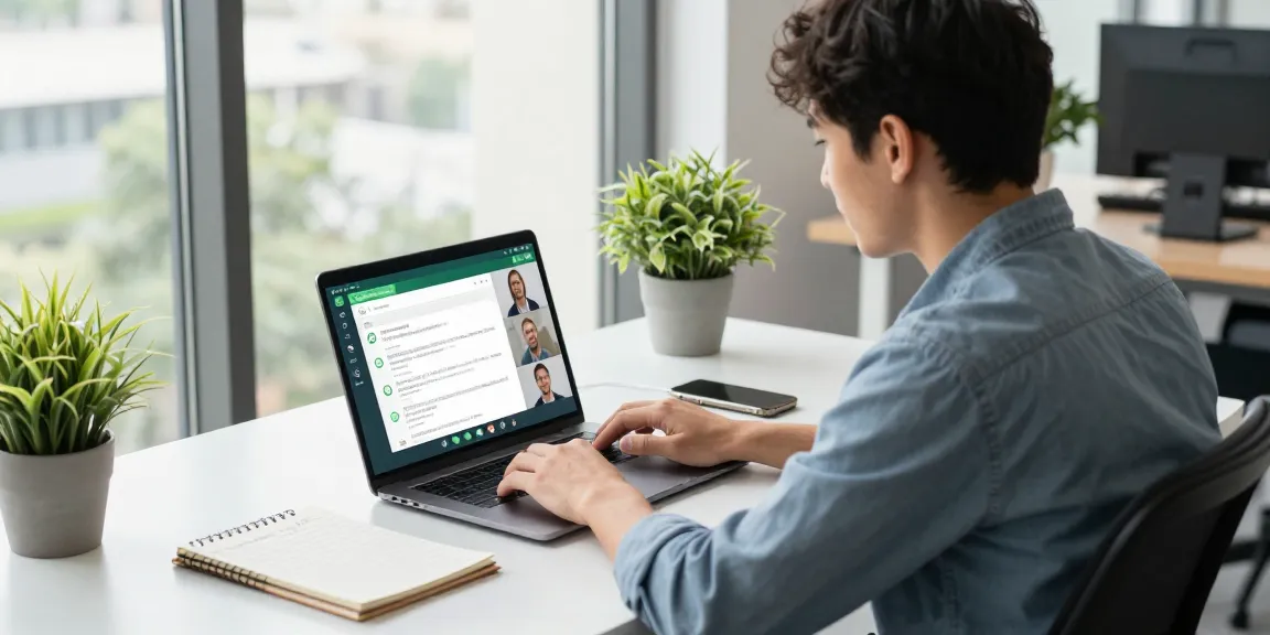 Professional using WhatsApp電腦版 for video calls in a modern office workspace, showcasing productivity tools.
