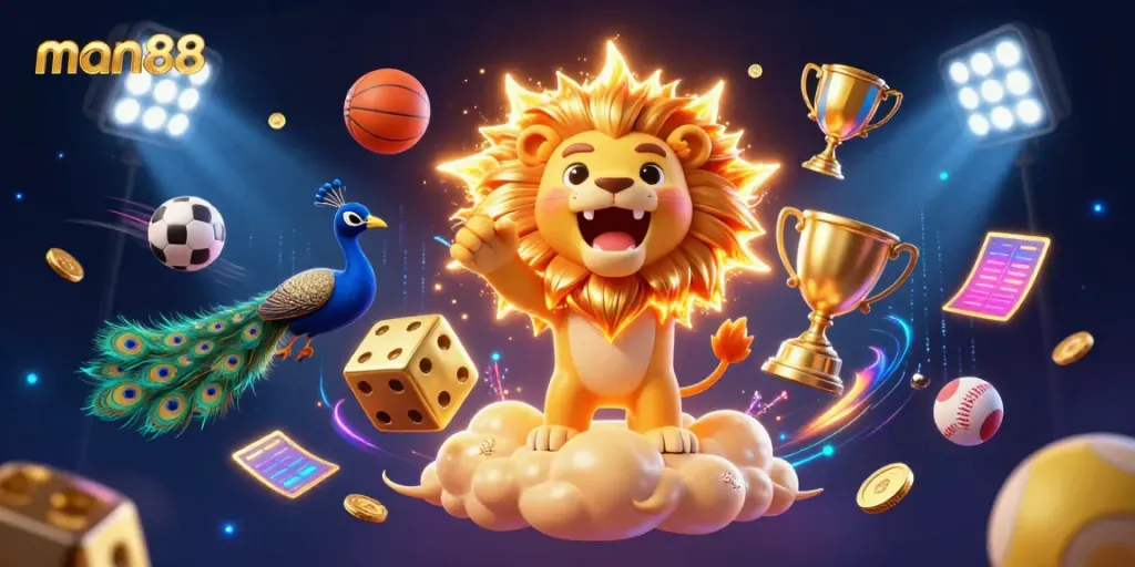 Experience the thrilling excitement of gaming with man88 as a sun lion roars triumphantly among dynamic elements in a vibrant casino scene.