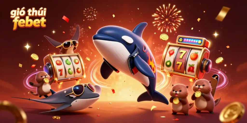 Experience the excitement of giới thiệu febet with a lively casino scene featuring animated characters and vibrant game elements.