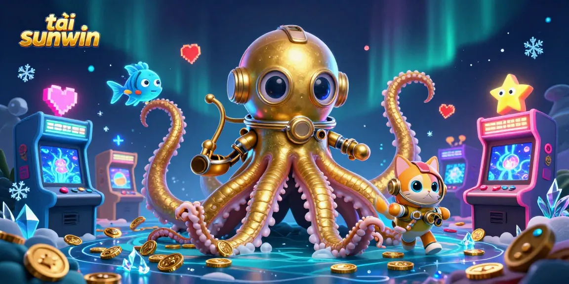 Engage in thrilling gameplay with tải sunwin, featuring a kraken, diving cat, and glowing arcade machines.