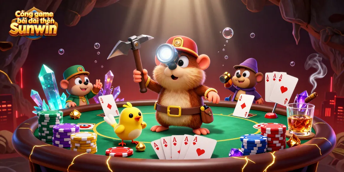 Cổng game bài đổi thưởng Sunwin brings excitement with a vibrant illustration of a treasure hunter mole and poker elements.
