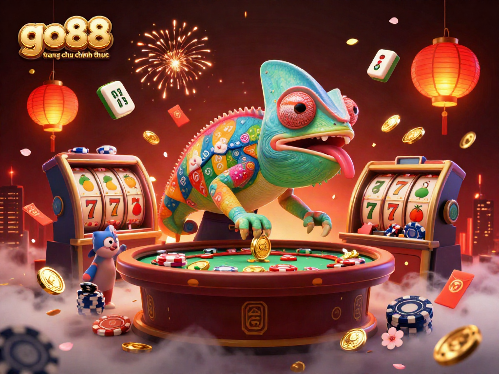 Bet on fun at go88 trang chu chinh thuc with a vibrant casino scene featuring a chameleon casino owner.