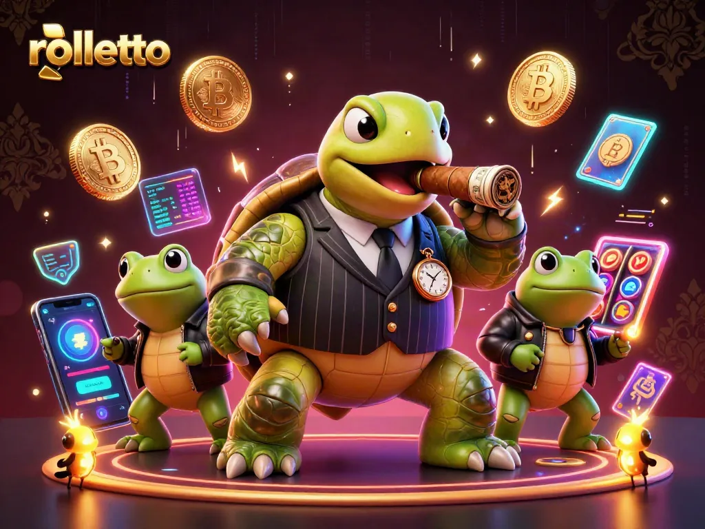 Engage with rolletto's vibrant casino scene featuring a turtle mobster and glowing crypto elements.
