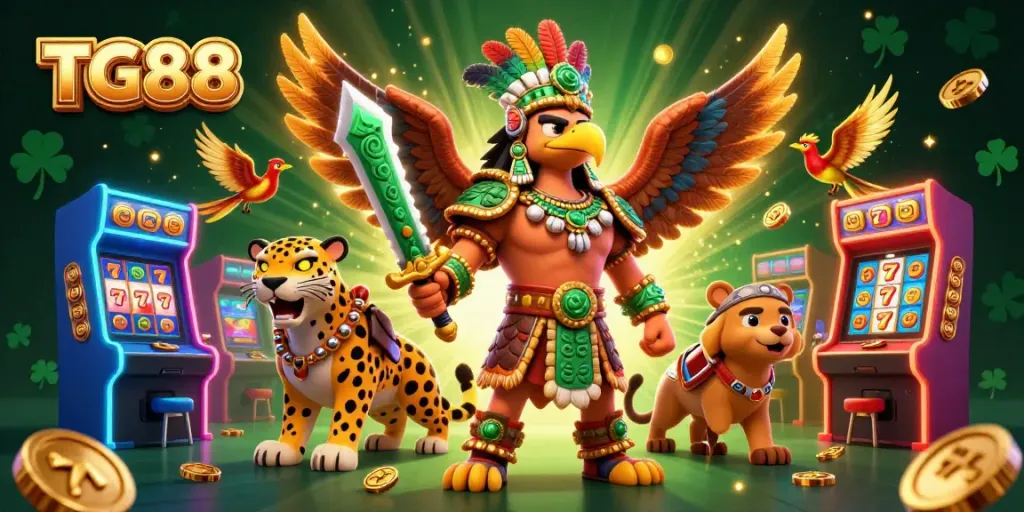 Win big at TG88 with an engaging 3D scene featuring colorful slots and vibrant characters.