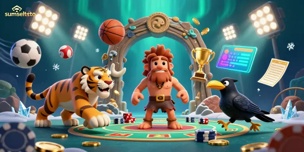 Sumseltoto showcases a thrilling prehistoric casino scene with animated characters and dynamic gaming elements.