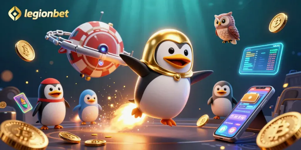 Engage with legionbet through a dynamic scene featuring a golden penguin and casino elements.