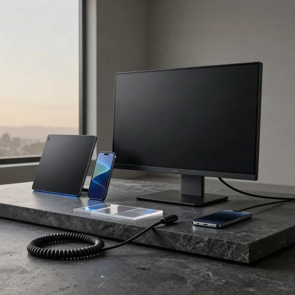 Matte-black dashboard monitor, tablet, phone and acrylic tiles on stone at dawn