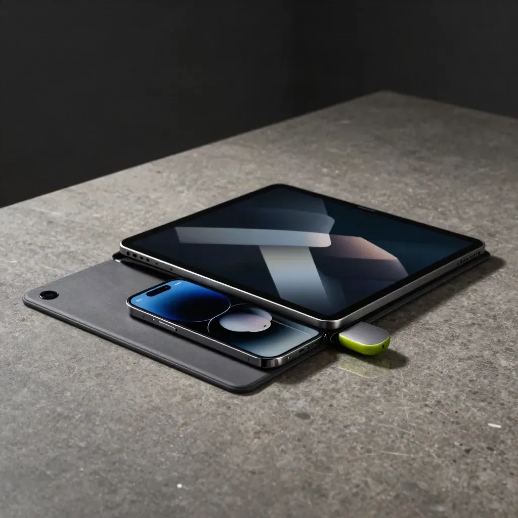 Tablet, report sleeve, phone and sync puck on stone in a dramatic studio setup.