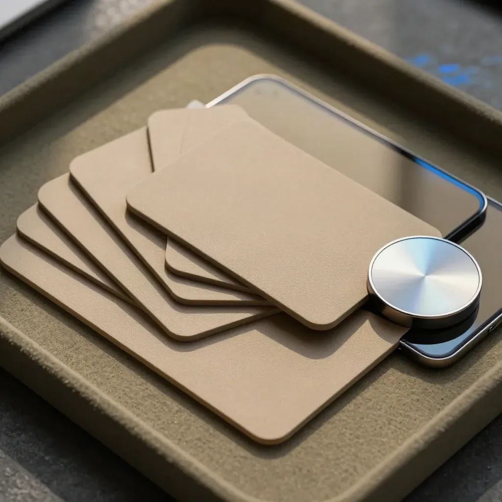 Macro of a fan-open dashboard stack, tablet slab and puck on olive felt with a blue shadow.