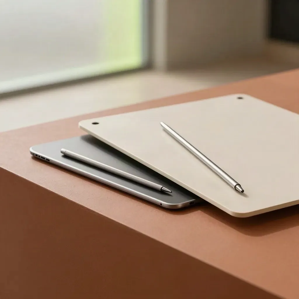 Presentation board, tablet and slim pointer on a terracotta plinth in a modern suite.