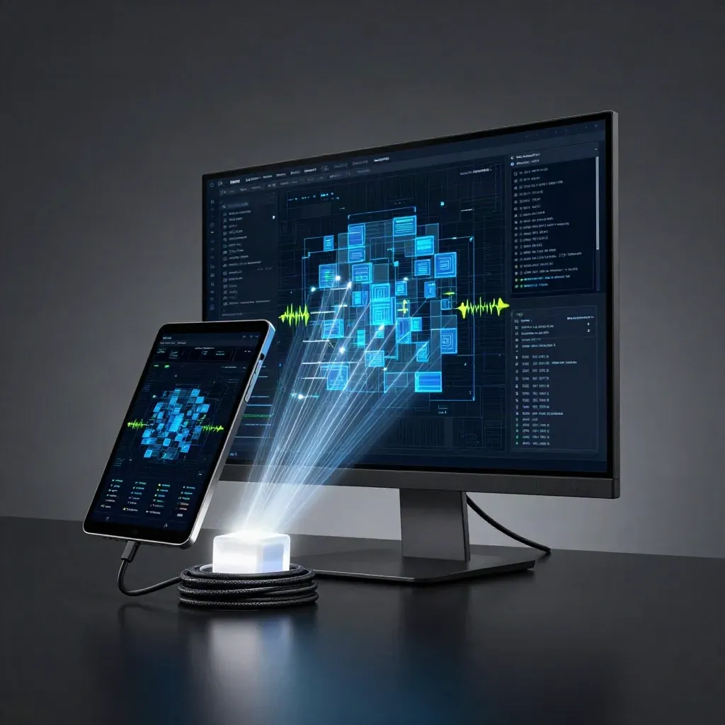 Monitor, tablet, phone and cable coil glow with electric-blue data visuals in a dark studio.