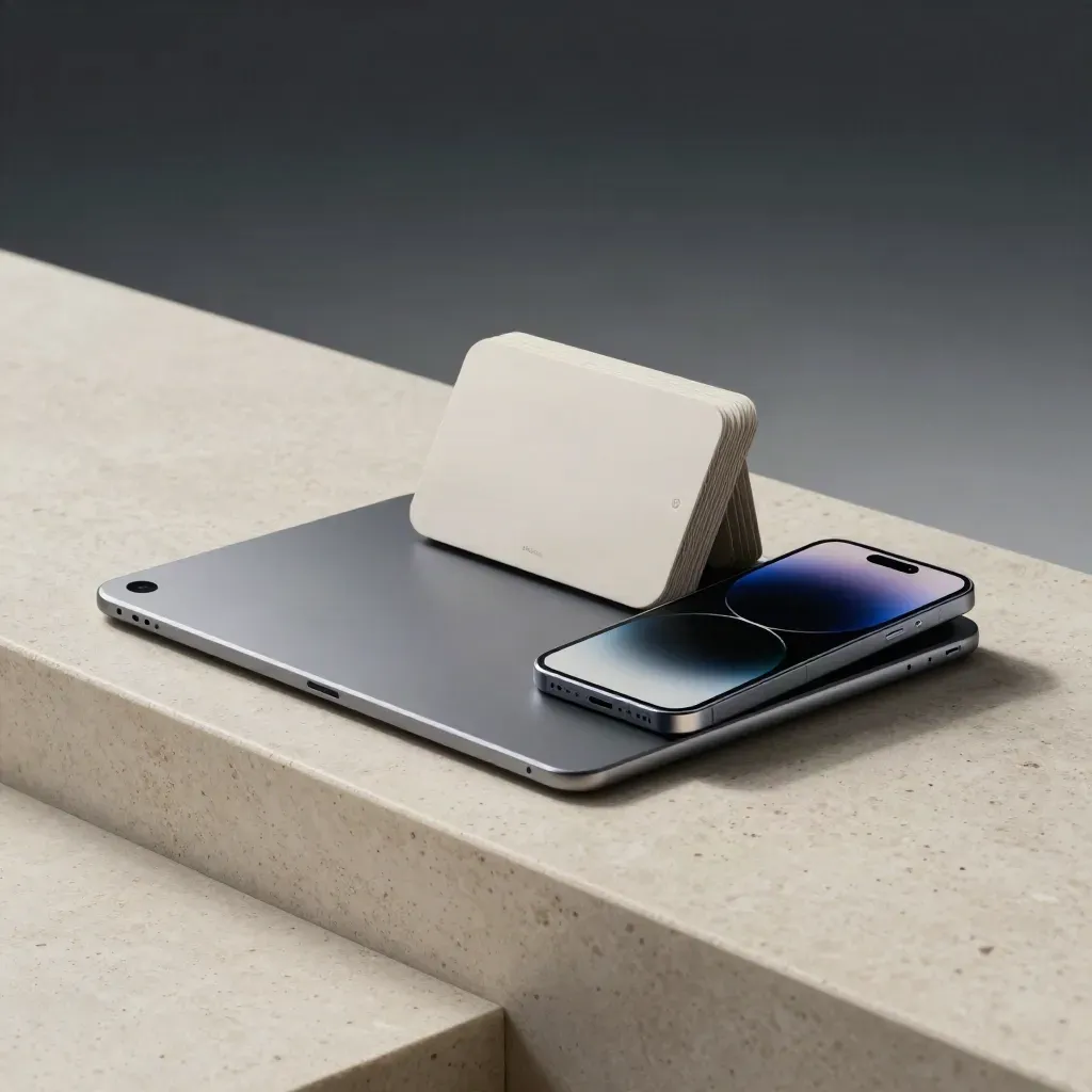 Tablet, card stack and sync phone on travertine with cool blue accents