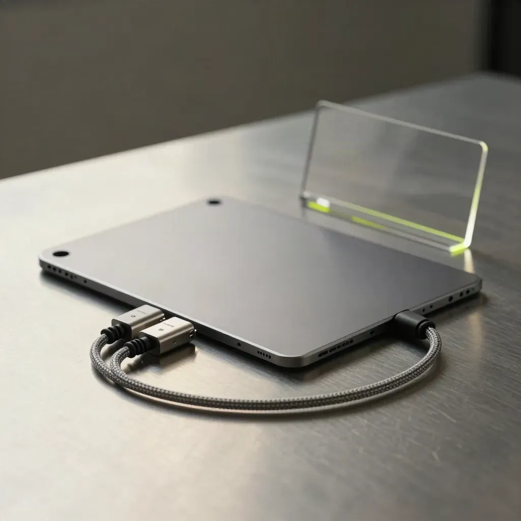 Tablet import kit with adapters and looped cable on a brushed metal table