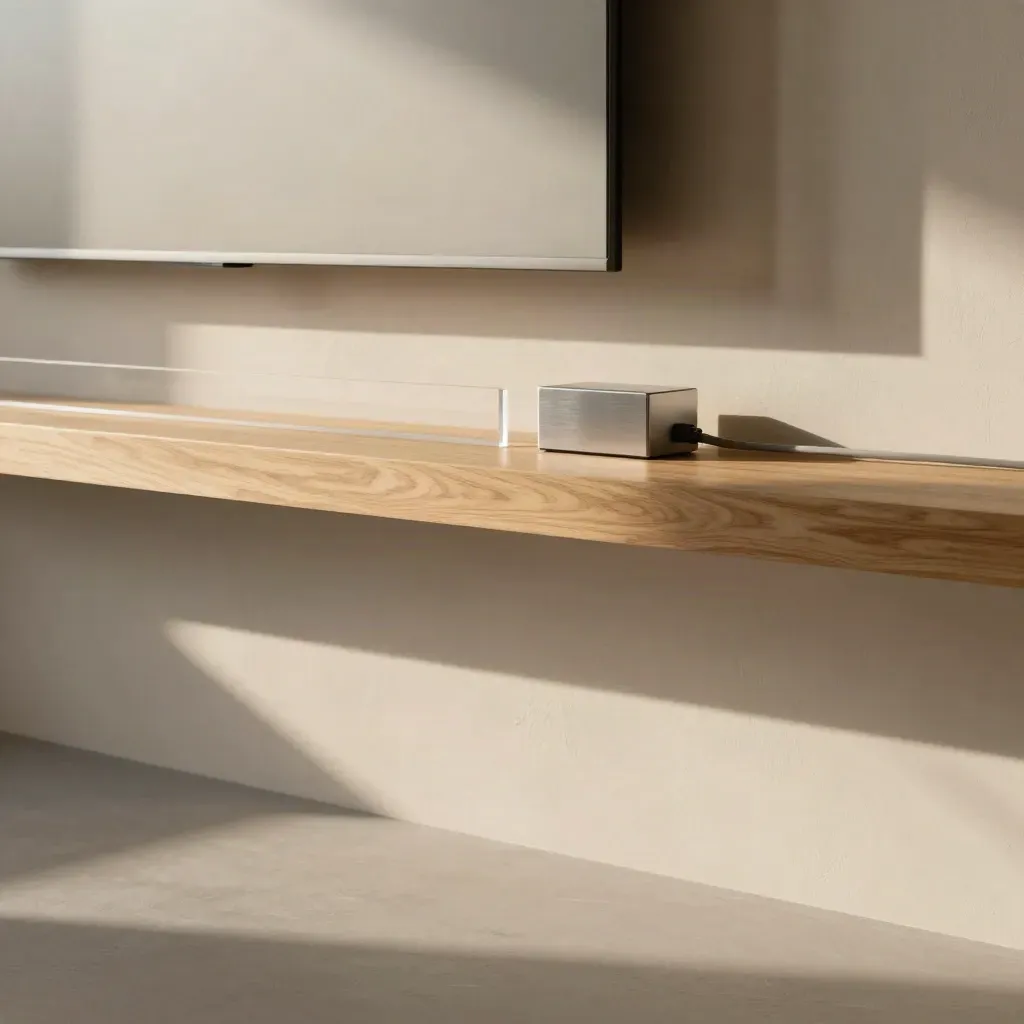 Sunlit loft corner with oak ledge, plaster wall, blurred screen silhouette and calm copy space.