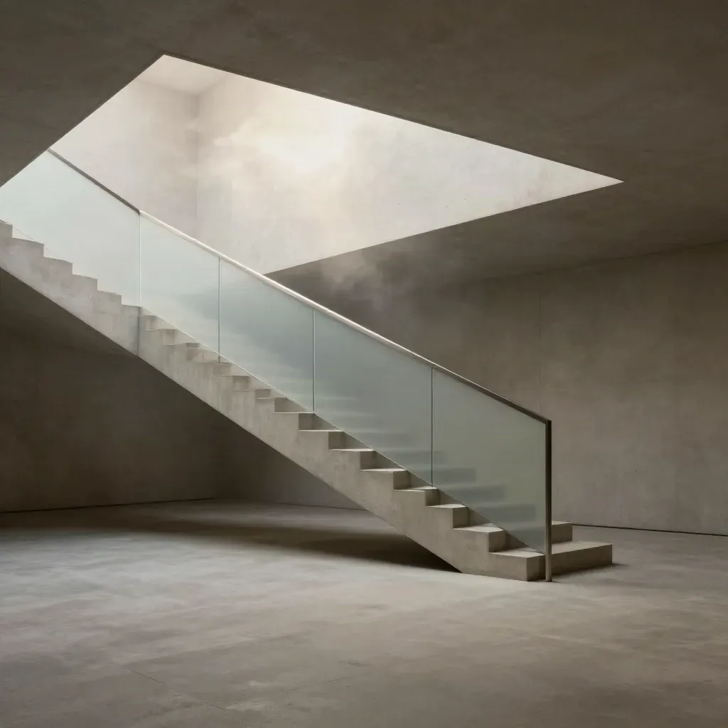 Sunlit concrete stair landing with frosted glass and steel rail, calm copy space below.