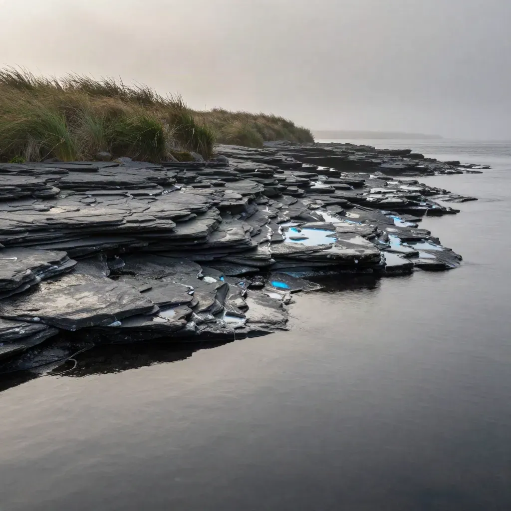 Tidal slate shelves with shallow pools, chalk grass, and sea mist under a faint horizon glow.