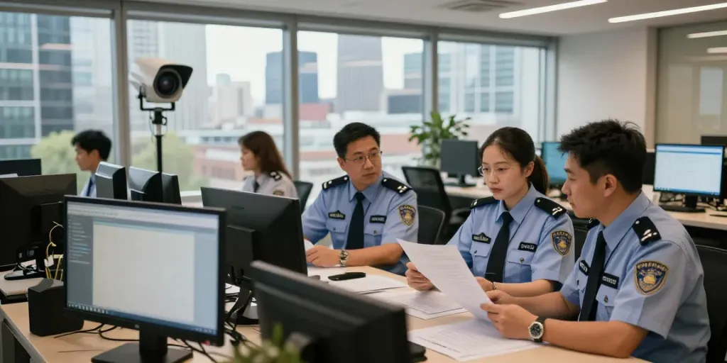 Corporate Security team in a professional office environment monitoring surveillance and ensuring safety.