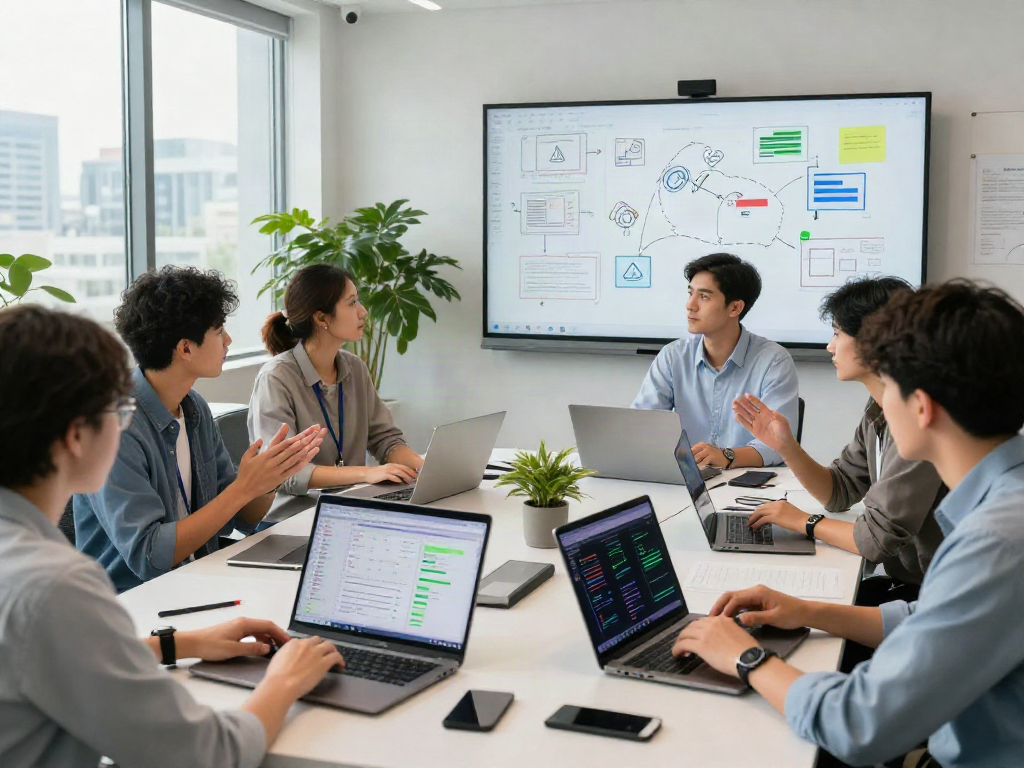 Collaboration in a tech office showcasing spicy ai innovations with team brainstorming around data analytics.