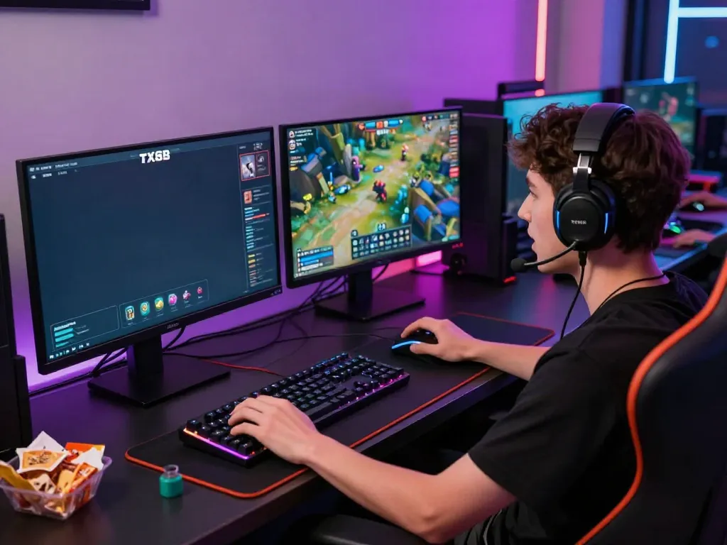 Gamer enjoying TX 88 platform with dual monitors and vibrant graphics.