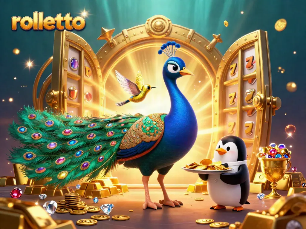 Engage with rolletto as a lavish casino paradise featuring a peacock, penguin, and hummingbird amidst treasures.