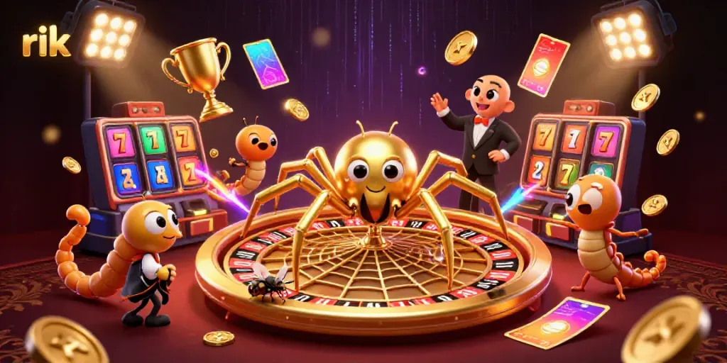 Experience high-stakes gaming at rik with a 3D golden roulette spider spinning a web of excitement.