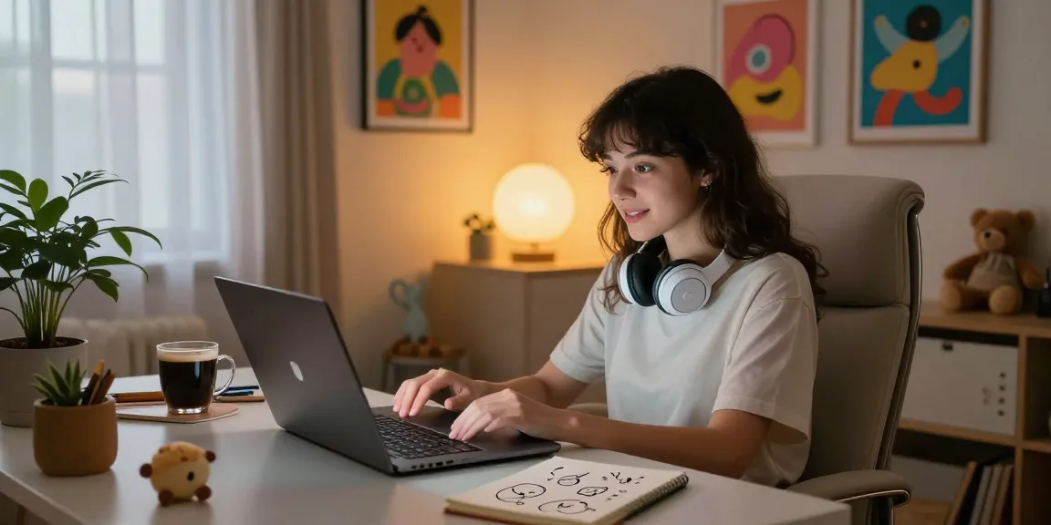 Woman engaging in an ai 18+ chat in a cozy home office setting