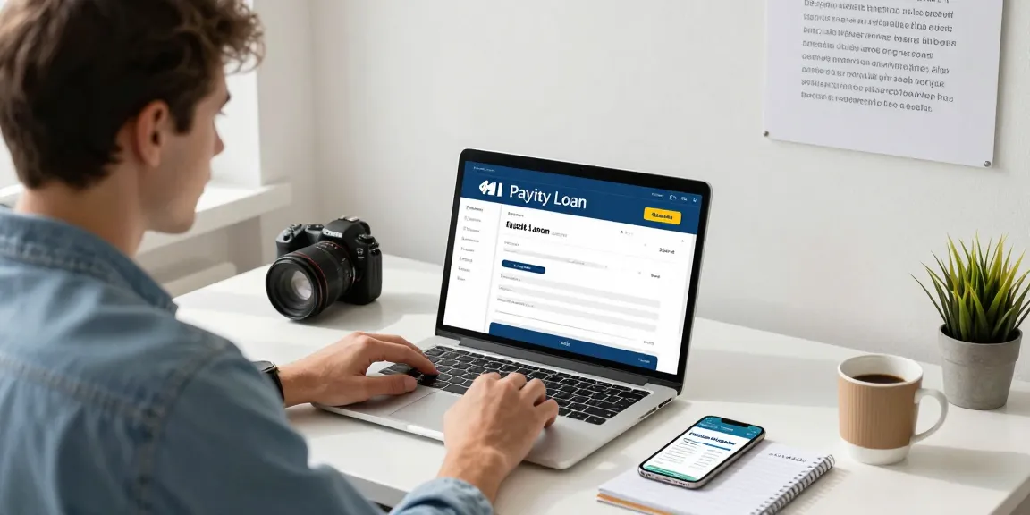 A young professional applying for a $100 loan online in a bright home office, surrounded by inspiring notes and modern decor.
