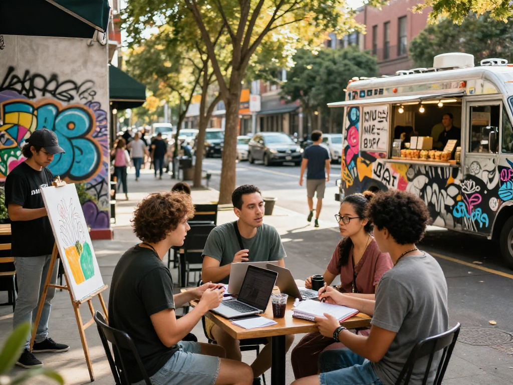 Diverse individuals hustling at a vibrant urban café, embodying the spirit of rokok 88.
