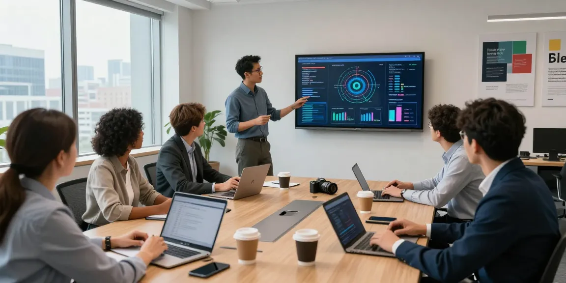 Diverse professionals collaborating in an office meeting about AI for business strategy, showcasing technology and teamwork