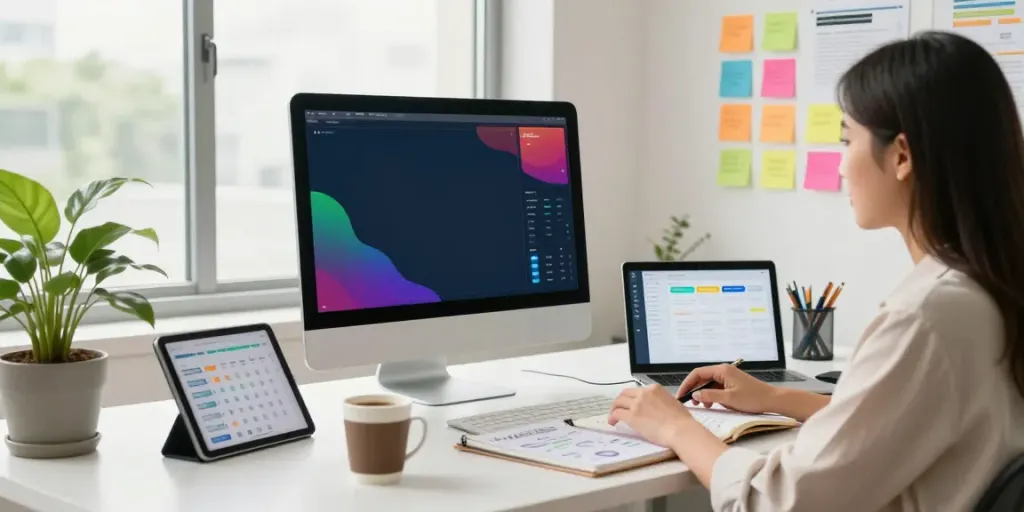 Digital marketer using instant indexing strategies in a modern office setting
