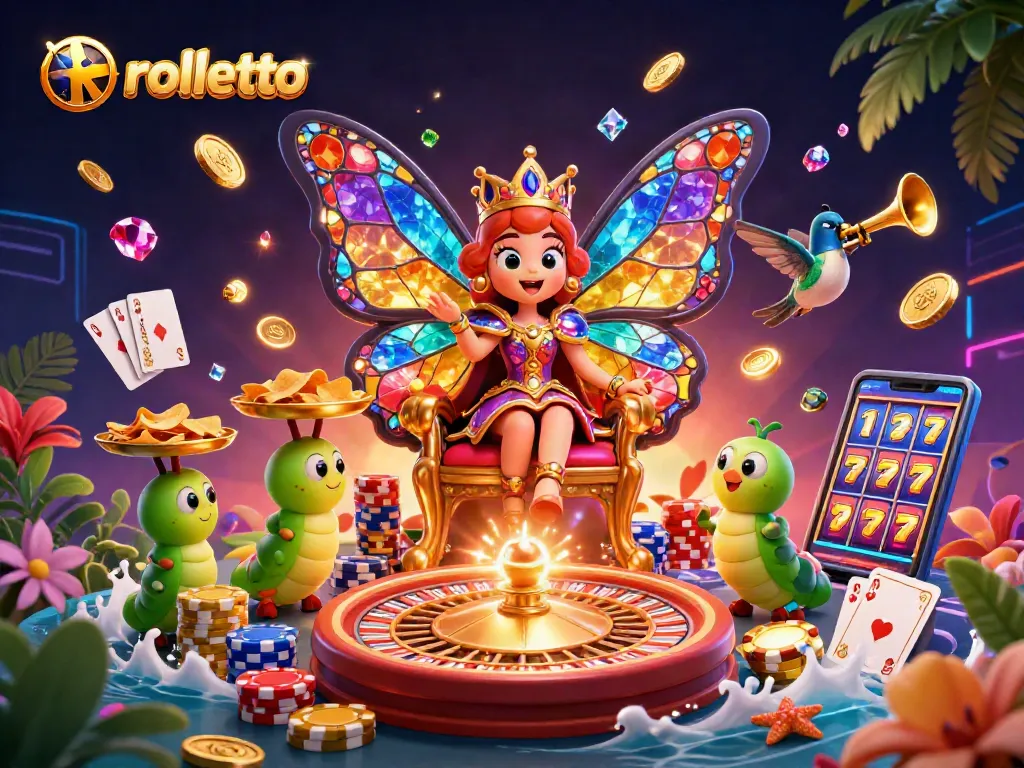 Experience thrilling gameplay at Rolletto casino with butterfly queen and golden chips in action.
